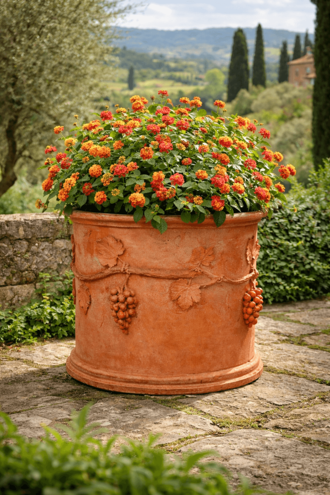 Pot en terre cuite cylindrique d’Impruneta avec relief de vignes